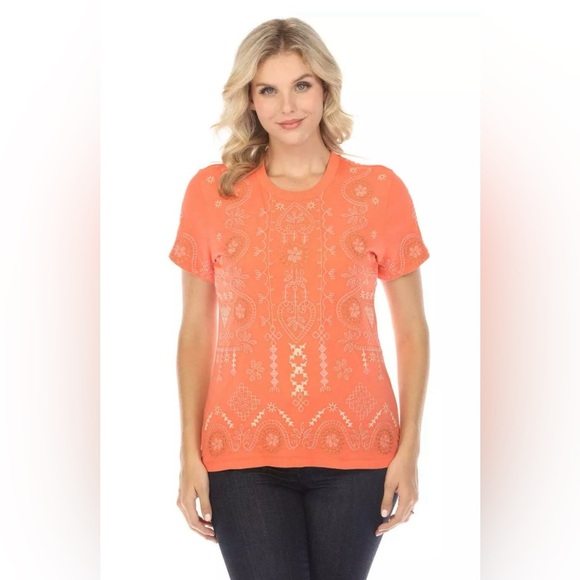 Johnny Was JWLA Faye Crew Neck Tee Size Small in Living Coral Boho Chic - Picture 1 of 12